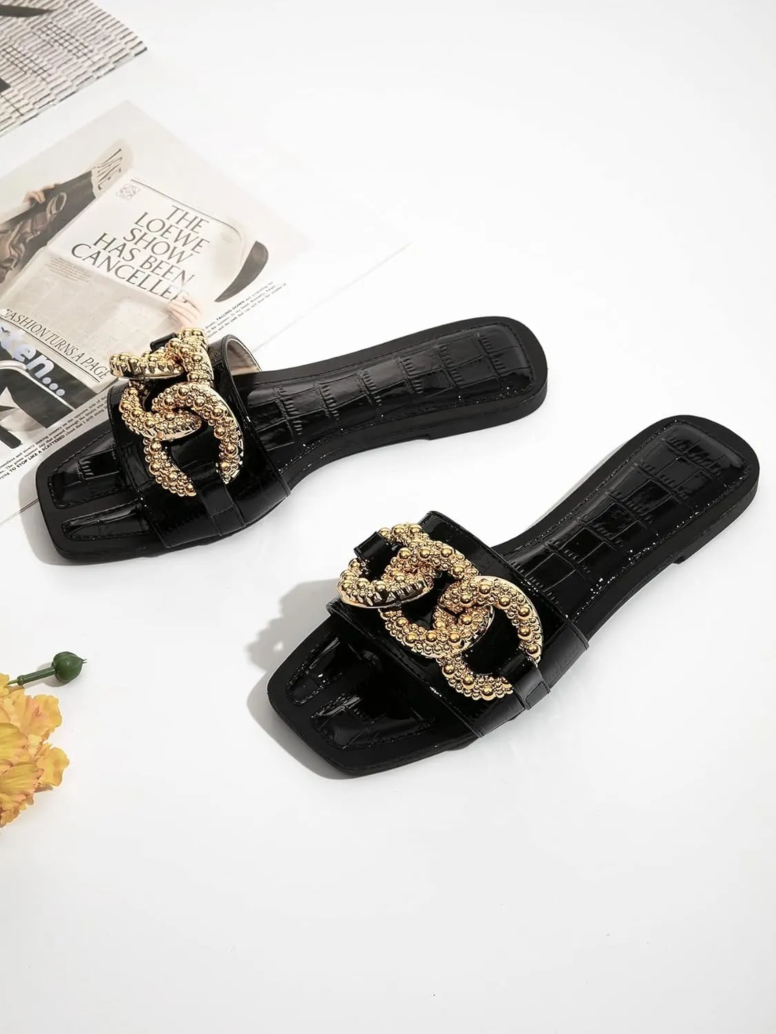 Verdusa Women's Square Toe Sandals Buckle Flats Slip On Outdoor Slides