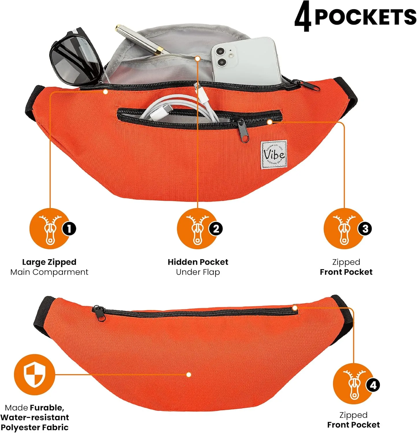 Vibe Festival Gear Fanny Pack for Men Women - Many Prints - Black Holographic Silver Gold Cute Waist Bag for Festival Rave Hiking Running Cycling