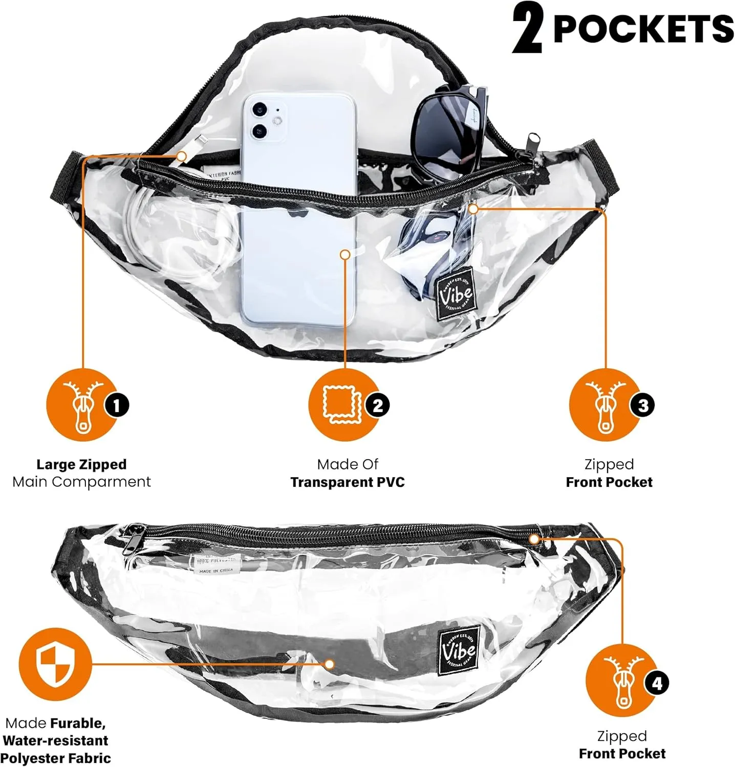 Vibe Festival Gear Fanny Pack for Men Women - Many Prints - Black Holographic Silver Gold Cute Waist Bag for Festival Rave Hiking Running Cycling