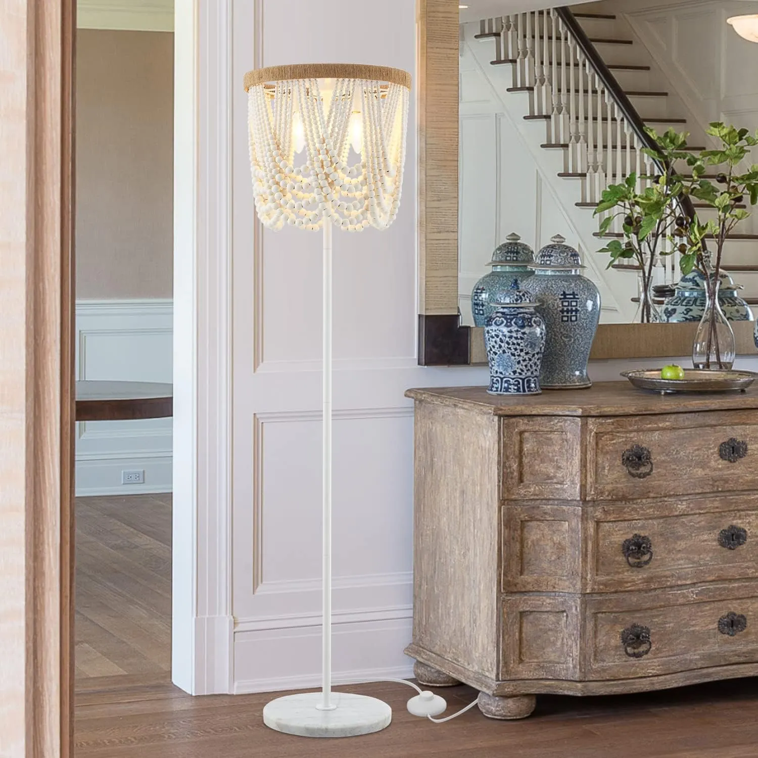 VILUXY Bohemia Wood Beaded Boho Floor Lamp - Antique Rustic White Finishing for Bedroom, Nursery, Dining, Girl Room - 3-Light
