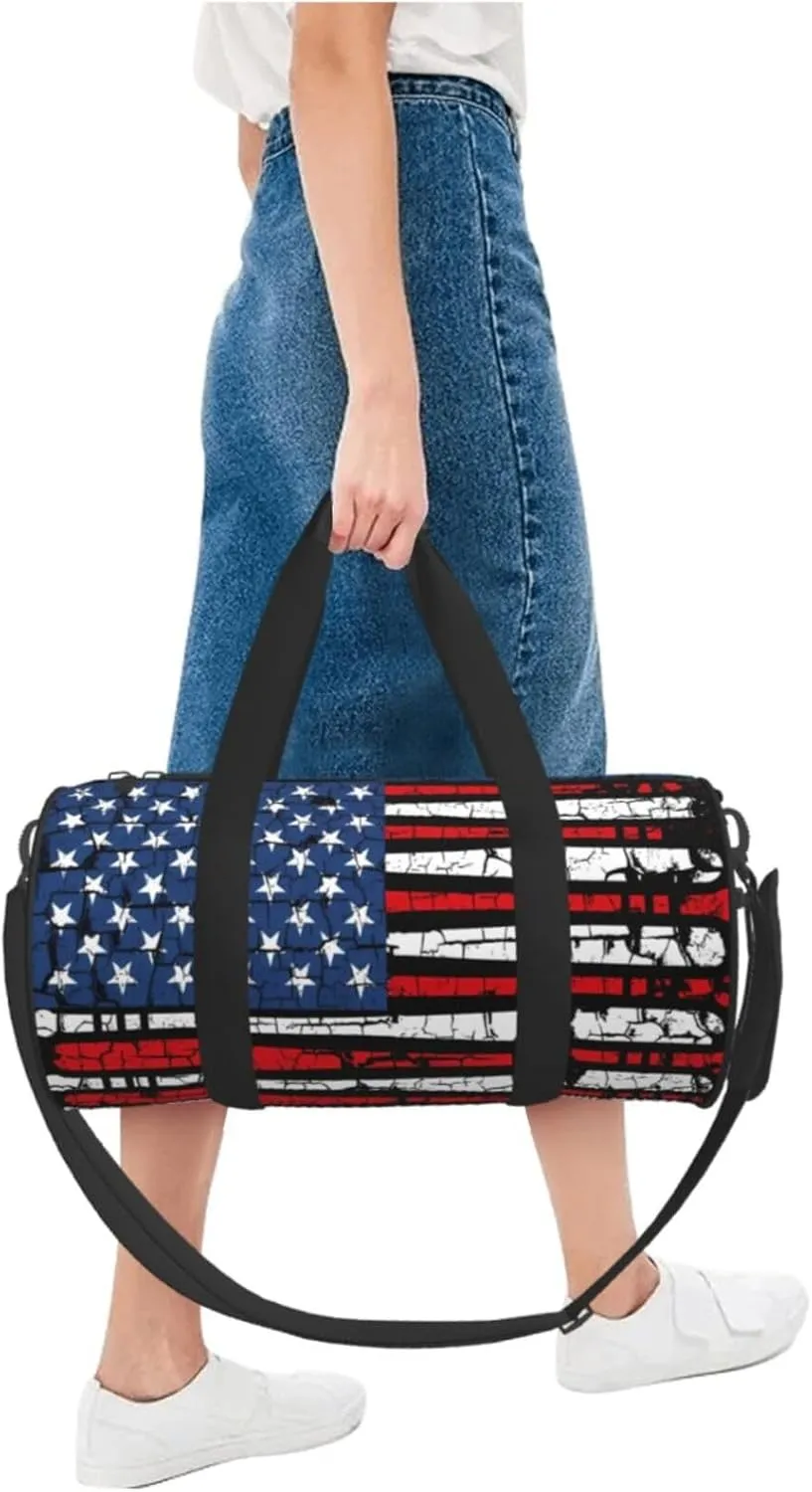 Vintage Baseball American Flag Round Travel Duffel Bag Large Capacity Gym Sports Bags for Hiking Vacation Trips