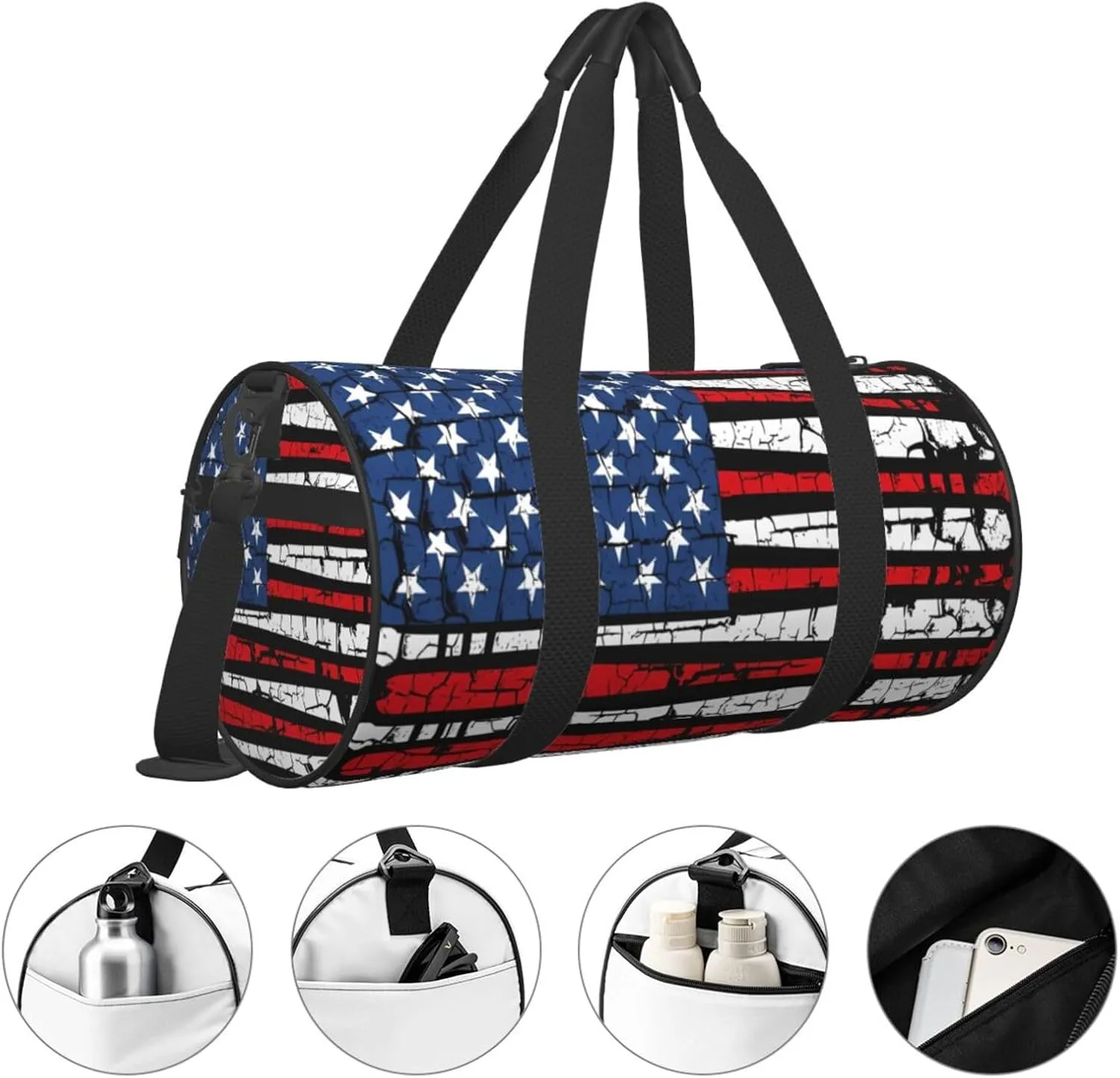 Vintage Baseball American Flag Round Travel Duffel Bag Large Capacity Gym Sports Bags for Hiking Vacation Trips