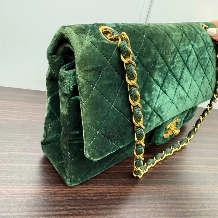 Vintage Chanel Velvet Classic Double Flap Bag LB110101 Green Shoulder Bag