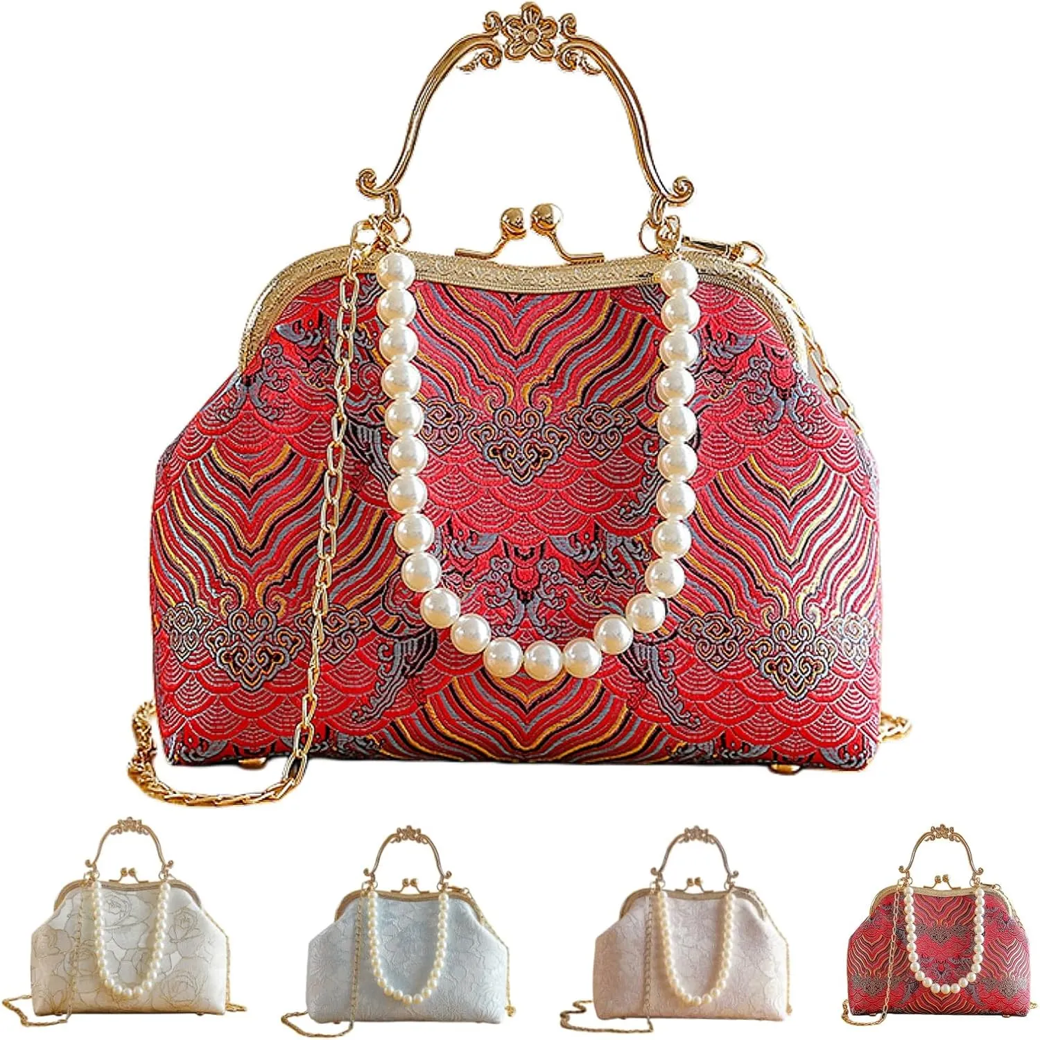 Vintage Chinese Lace Embroidery Pearl Crossbody Bag Evening Bag with Chain Strap for Women