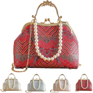 Vintage Chinese Lace Embroidery Pearl Crossbody Bag Evening Bag with Chain Strap for Women