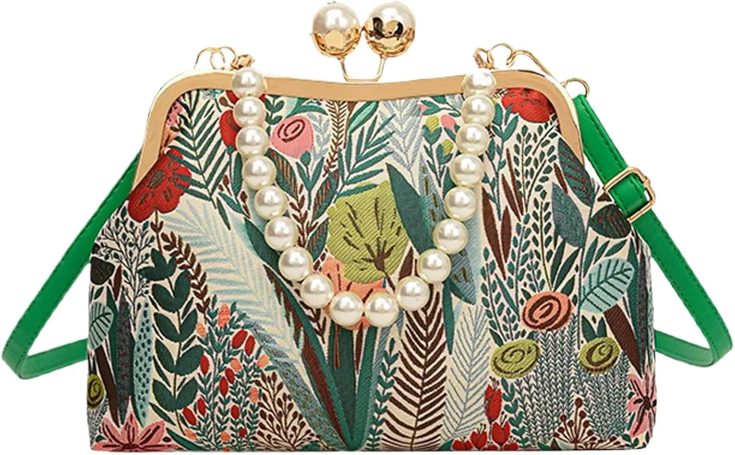 Vintage Embroidered Flower Handbag, Pearl Chain Crossbody Bag with Kiss Lock, for Women