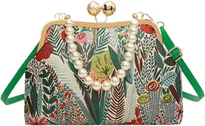 Vintage Embroidered Flower Handbag, Pearl Chain Crossbody Bag with Kiss Lock, for Women