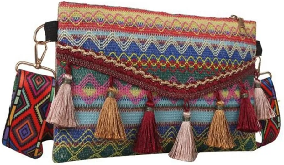 Vintage Ethnic Tribal Embroidered Shoulder Bag Messenger Bag with Tassel, Sling Crossbody Boho Bag for Women(Green)