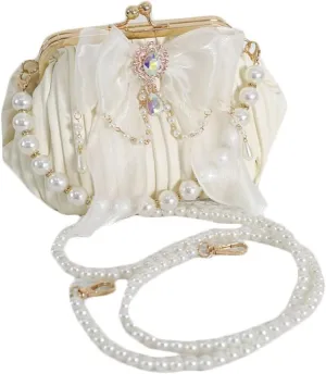 Vintage Kiss Lock Handbag Purse Crossbody Shoulder Bag Evening Bag Small Tote Purse with Bow Pearl Chain for Women
