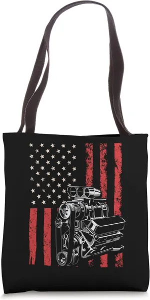 Vintage Muscle Car Piston USA Flag for Patriotic Mechanic Tote Bag