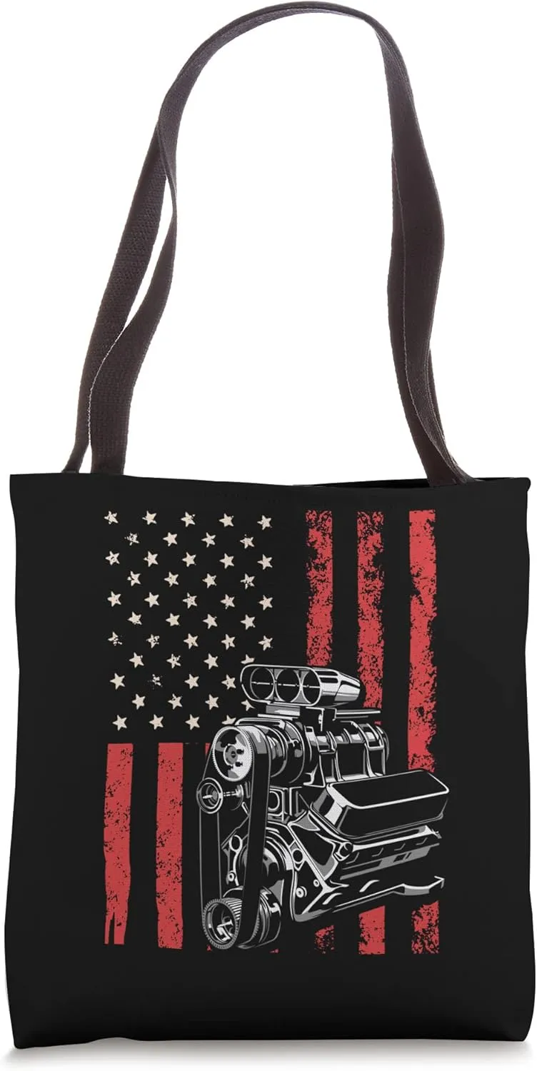 Vintage Muscle Car Piston USA Flag for Patriotic Mechanic Tote Bag