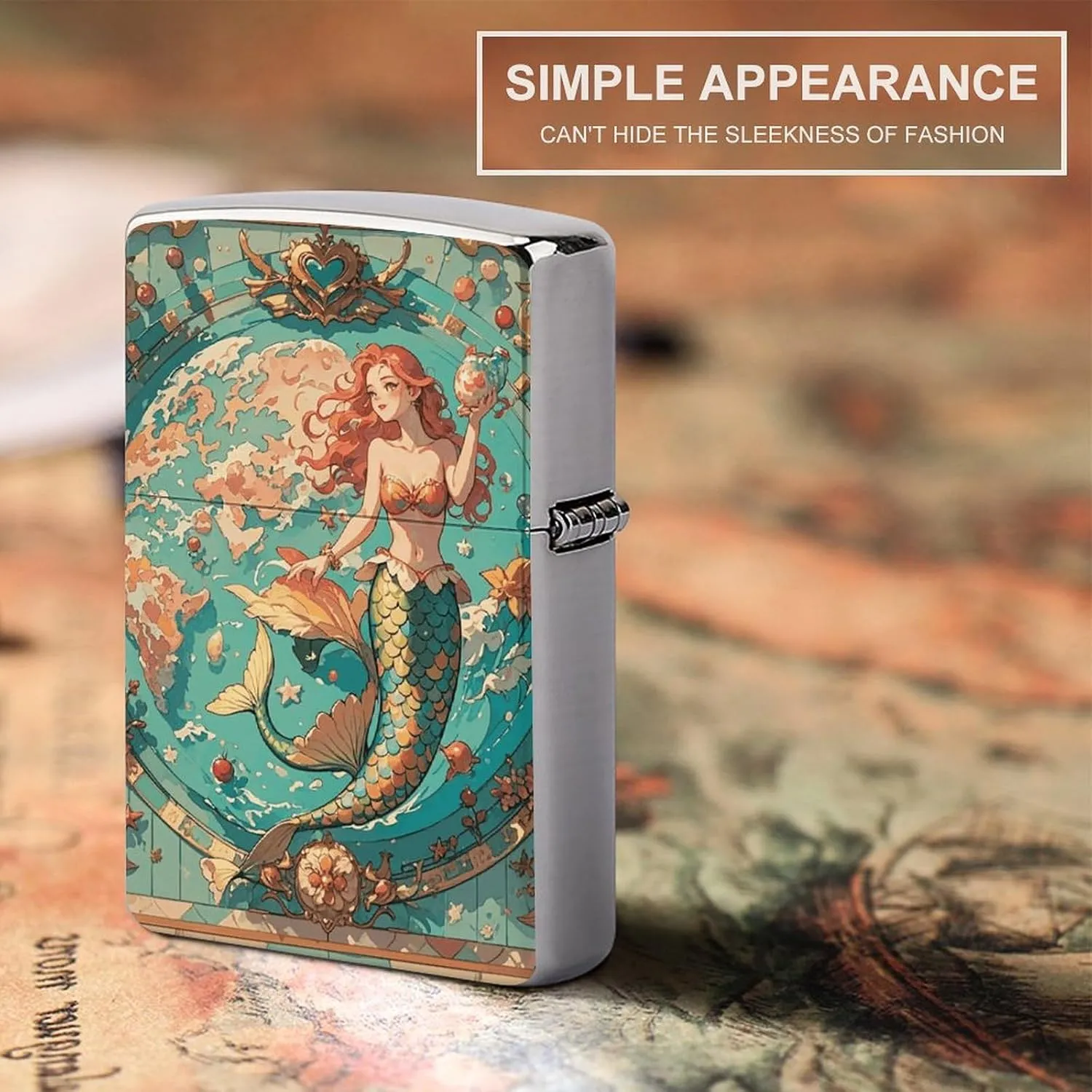Vintage Outer Banks Map with Mermaids Lighter Case, Personalized Metal Lighter Sleeve, Double-Sided Lighters Cover for Standard Lighters, Stylish & Unique Idea