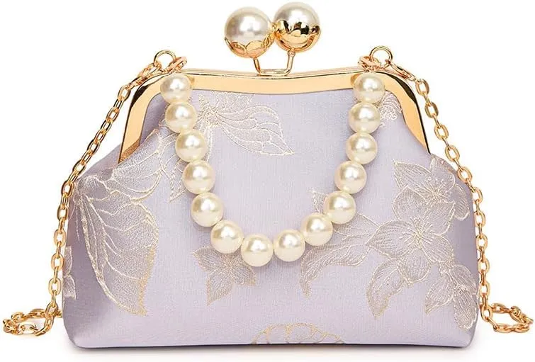 Vintage Printed Lace Clip Handbag With Chain Cheongsam Shoulder Bag For Women
