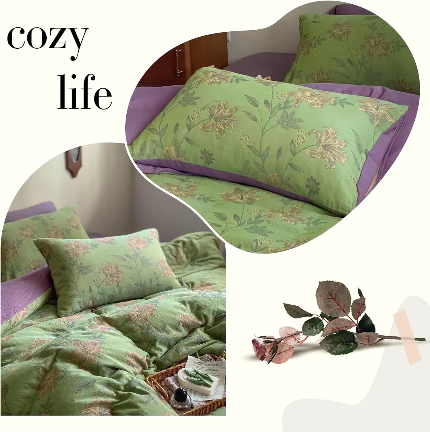 VM VOUGEMARKET Linen Cotton Jacquard Duvet Cover Queen,3 Pcs Yarn-Dyed Textured Duvet Cover Set Green Purple Floral Bedding Breathable, Natural Wrinkled Look-No Comforter