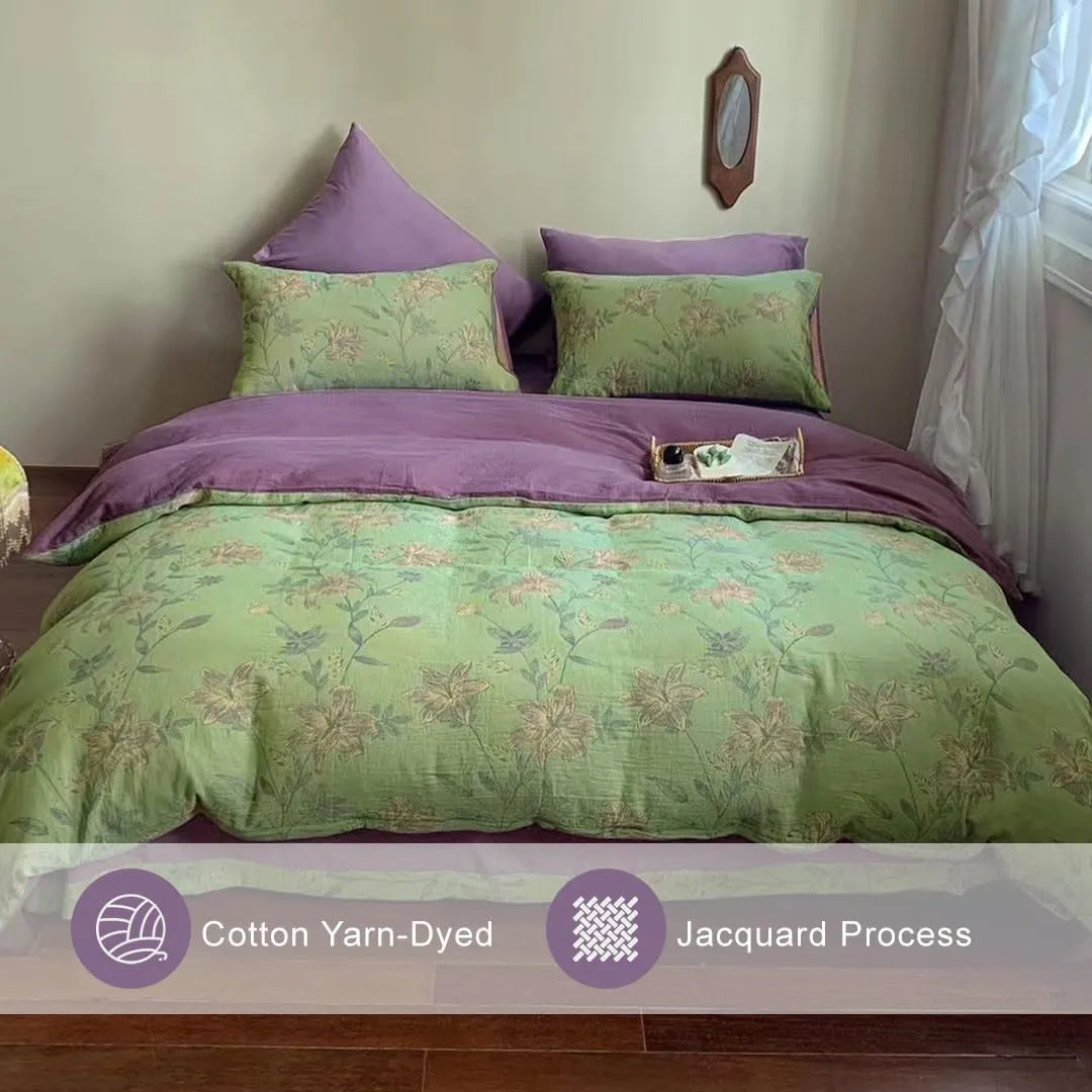 VM VOUGEMARKET Linen Cotton Jacquard Duvet Cover Queen,3 Pcs Yarn-Dyed Textured Duvet Cover Set Green Purple Floral Bedding Breathable, Natural Wrinkled Look-No Comforter
