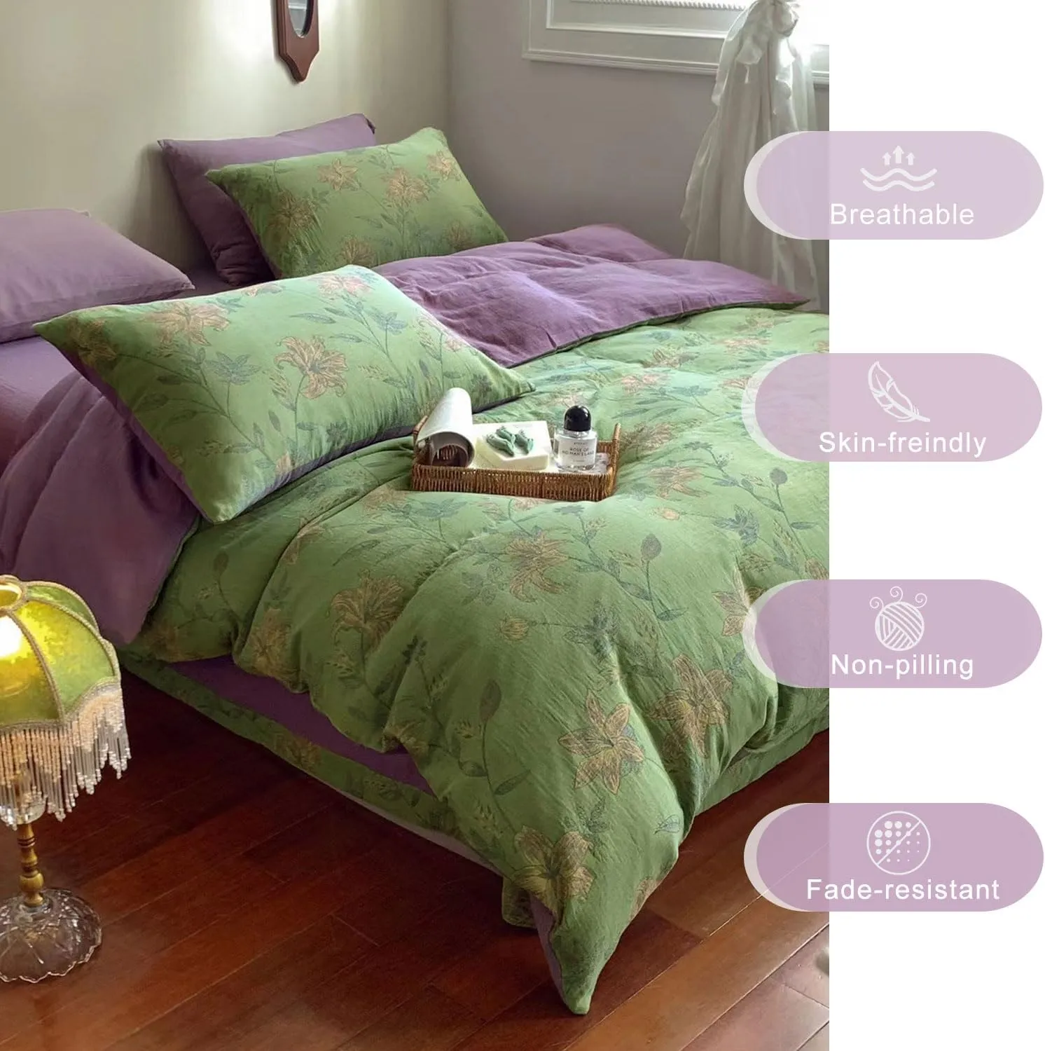 VM VOUGEMARKET Linen Cotton Jacquard Duvet Cover Queen,3 Pcs Yarn-Dyed Textured Duvet Cover Set Green Purple Floral Bedding Breathable, Natural Wrinkled Look-No Comforter