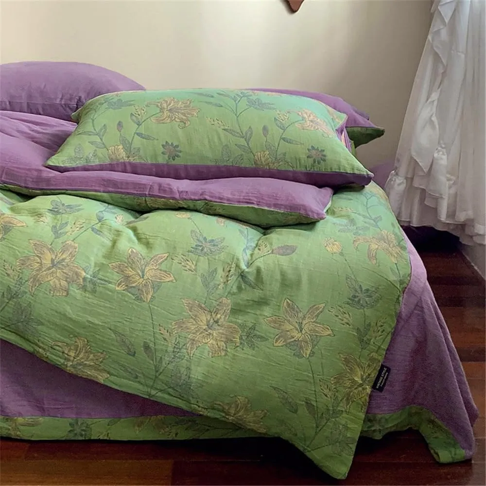 VM VOUGEMARKET Linen Cotton Jacquard Duvet Cover Queen,3 Pcs Yarn-Dyed Textured Duvet Cover Set Green Purple Floral Bedding Breathable, Natural Wrinkled Look-No Comforter