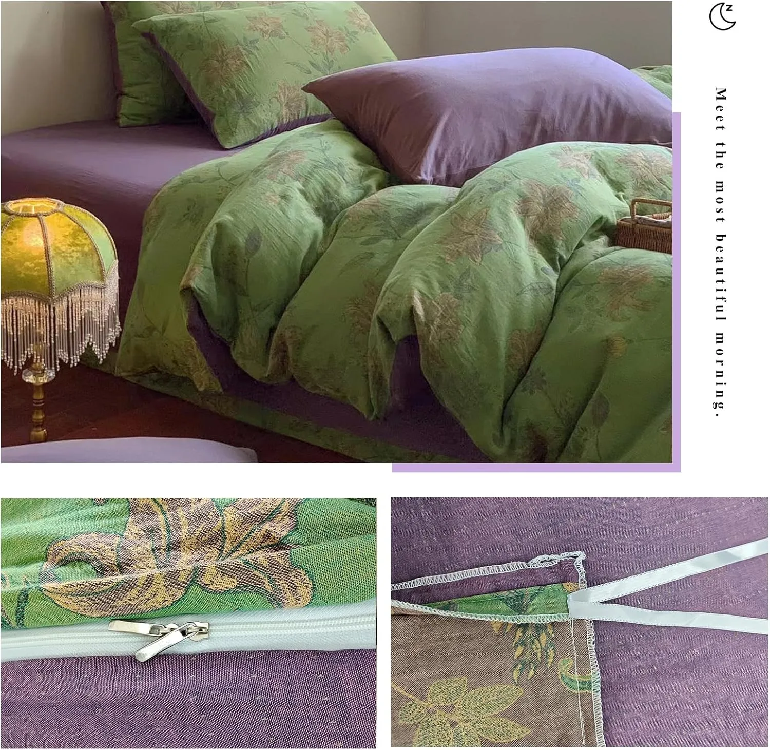 VM VOUGEMARKET Linen Cotton Jacquard Duvet Cover Queen,3 Pcs Yarn-Dyed Textured Duvet Cover Set Green Purple Floral Bedding Breathable, Natural Wrinkled Look-No Comforter