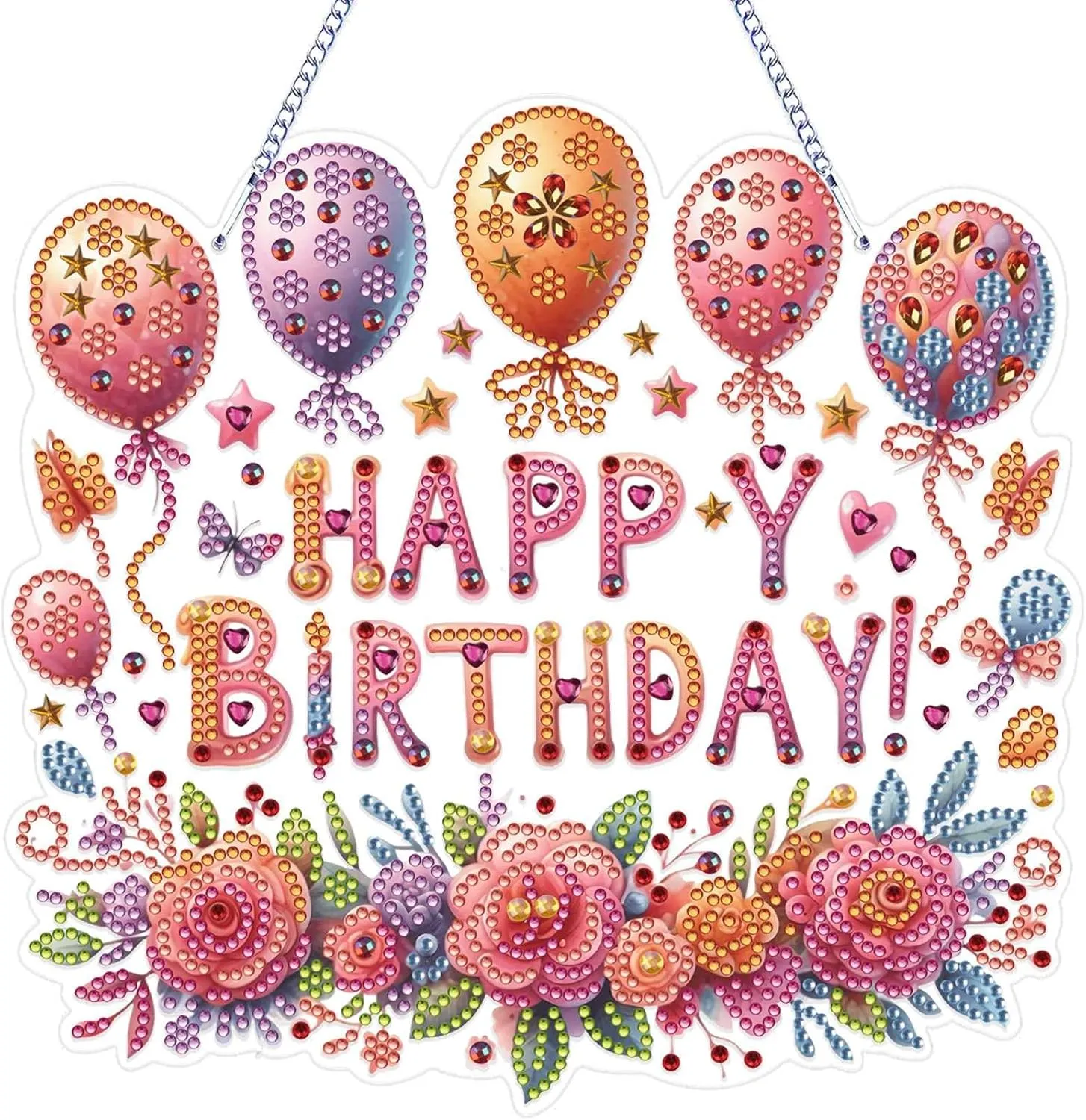 VODAPYC Birthday Party Diamond Art Painting Acrylic Hanging Kit for Adults, DIY Double Sided Special Shaped Diamonds Art Window Pendant Ornament(Happy Birthday)