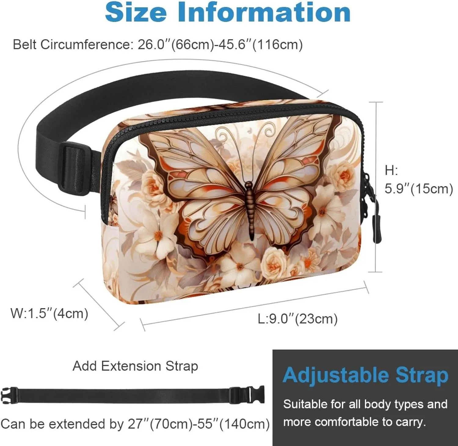 Waterproof Fanny Pack Black Belt Bag with Adjustable Strap for Women and Men,Brown Mechanical Butterfly Crossbody Fanny Bag with Zipper for Hiking Running Travel