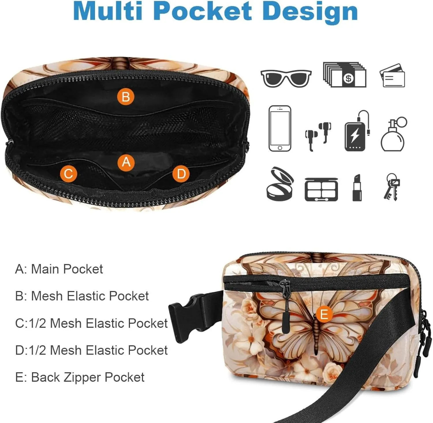 Waterproof Fanny Pack Black Belt Bag with Adjustable Strap for Women and Men,Brown Mechanical Butterfly Crossbody Fanny Bag with Zipper for Hiking Running Travel