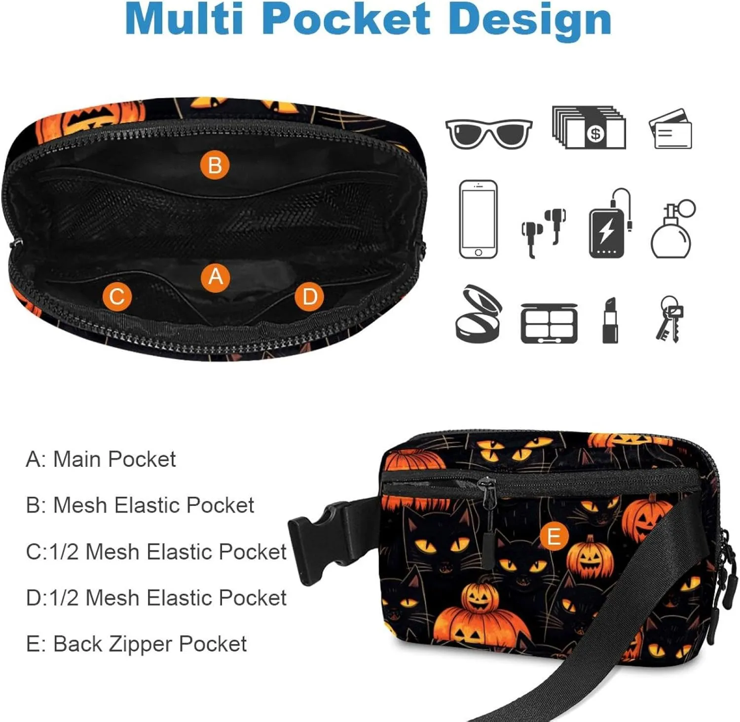 Waterproof Fanny Pack Black Belt Bag with Adjustable Strap for Women and Men,Halloween Cat V Crossbody Fanny Bag with Zipper for Hiking Running Travel