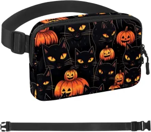 Waterproof Fanny Pack Black Belt Bag with Adjustable Strap for Women and Men,Halloween Cat V Crossbody Fanny Bag with Zipper for Hiking Running Travel