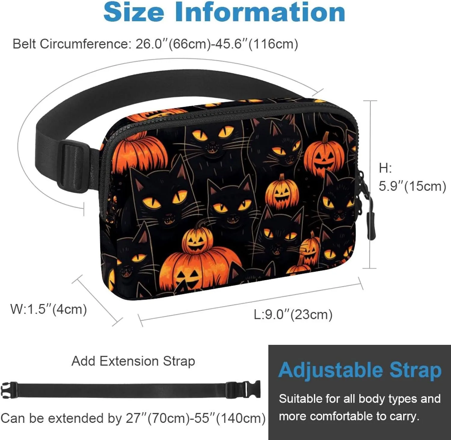 Waterproof Fanny Pack Black Belt Bag with Adjustable Strap for Women and Men,Halloween Cat V Crossbody Fanny Bag with Zipper for Hiking Running Travel