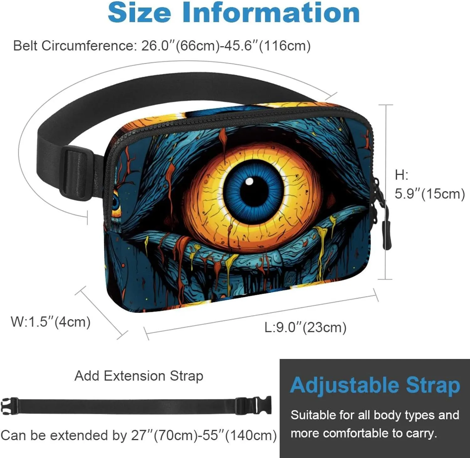 Waterproof Fanny Pack Black Belt Bag with Adjustable Strap for Women and Men,Halloween Eyeball P Crossbody Fanny Bag with Zipper for Hiking Running Travel