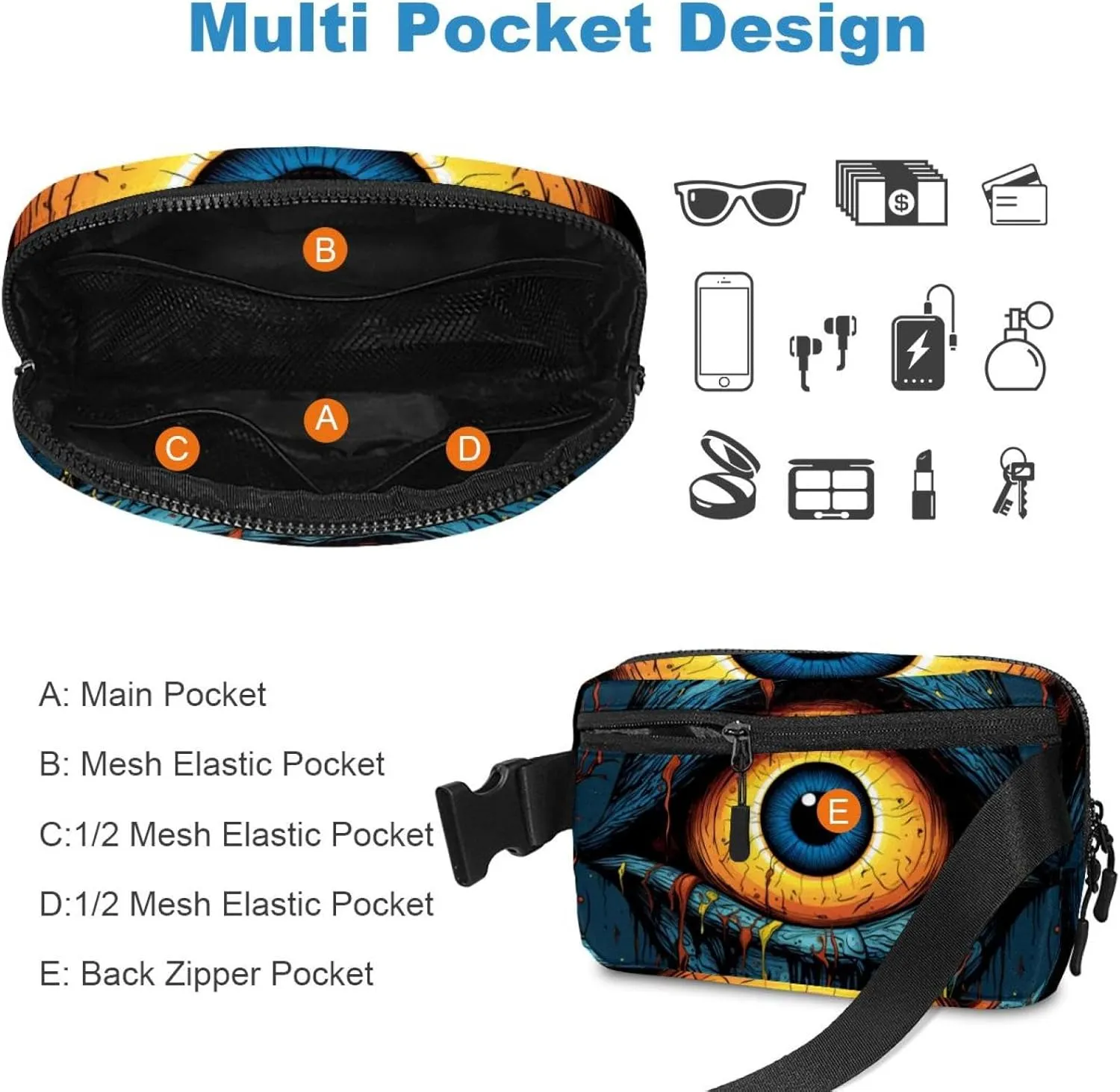Waterproof Fanny Pack Black Belt Bag with Adjustable Strap for Women and Men,Halloween Eyeball P Crossbody Fanny Bag with Zipper for Hiking Running Travel