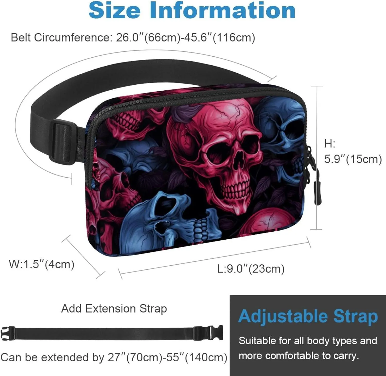 Waterproof Fanny Pack Black Belt Bag with Adjustable Strap for Women and Men,Skull P Crossbody Fanny Bag with Zipper for Hiking Running Travel