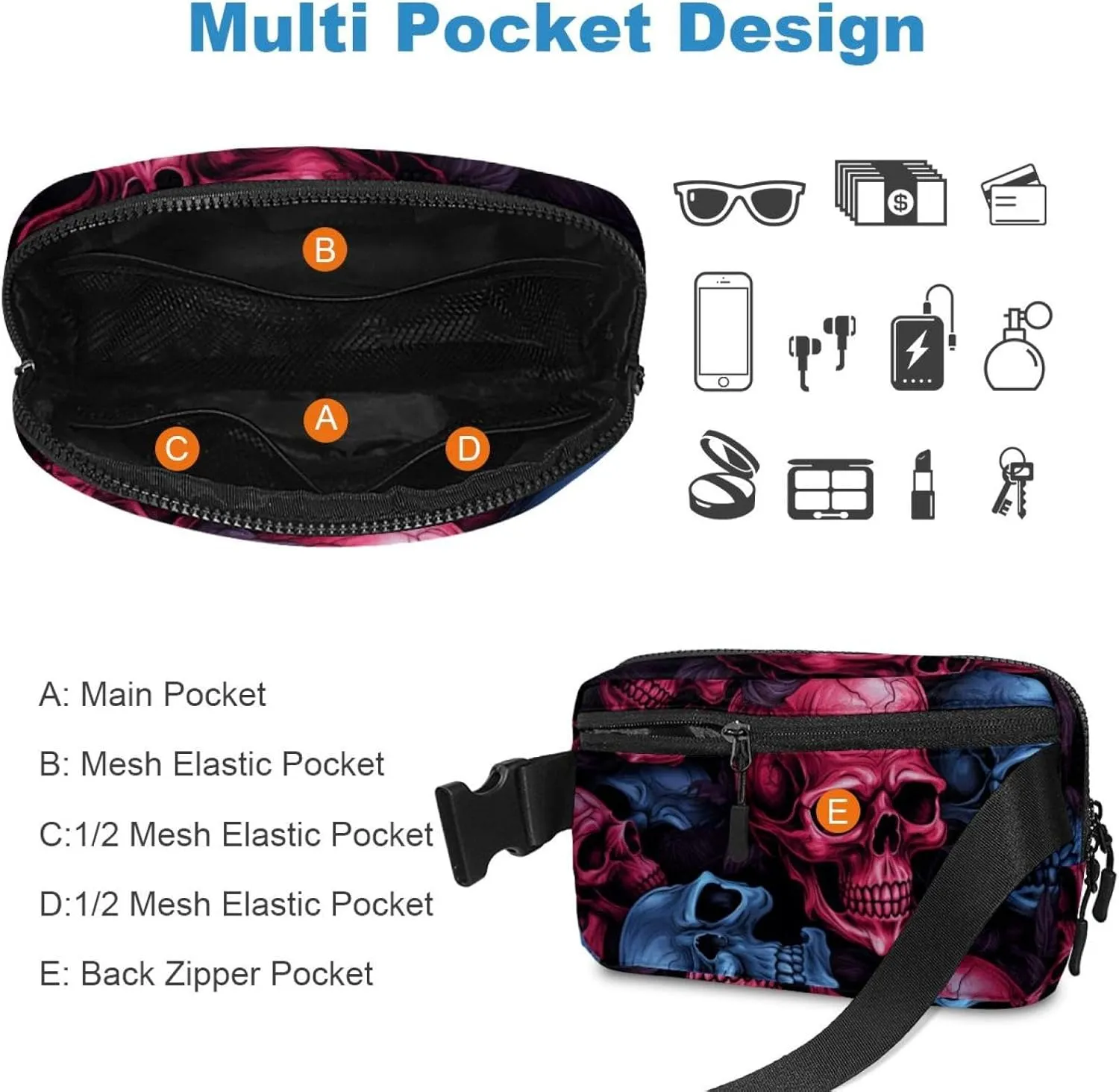 Waterproof Fanny Pack Black Belt Bag with Adjustable Strap for Women and Men,Skull P Crossbody Fanny Bag with Zipper for Hiking Running Travel