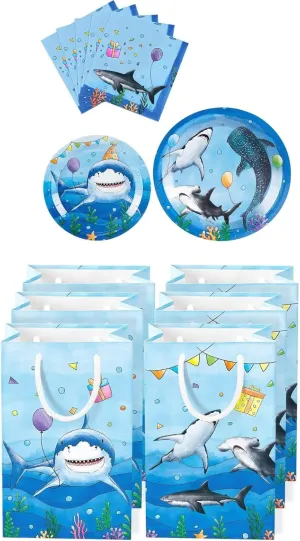 WERNNSAI 16Pcs Shark Party Gift Bags   48PCS Shark Party Plates and Napkins