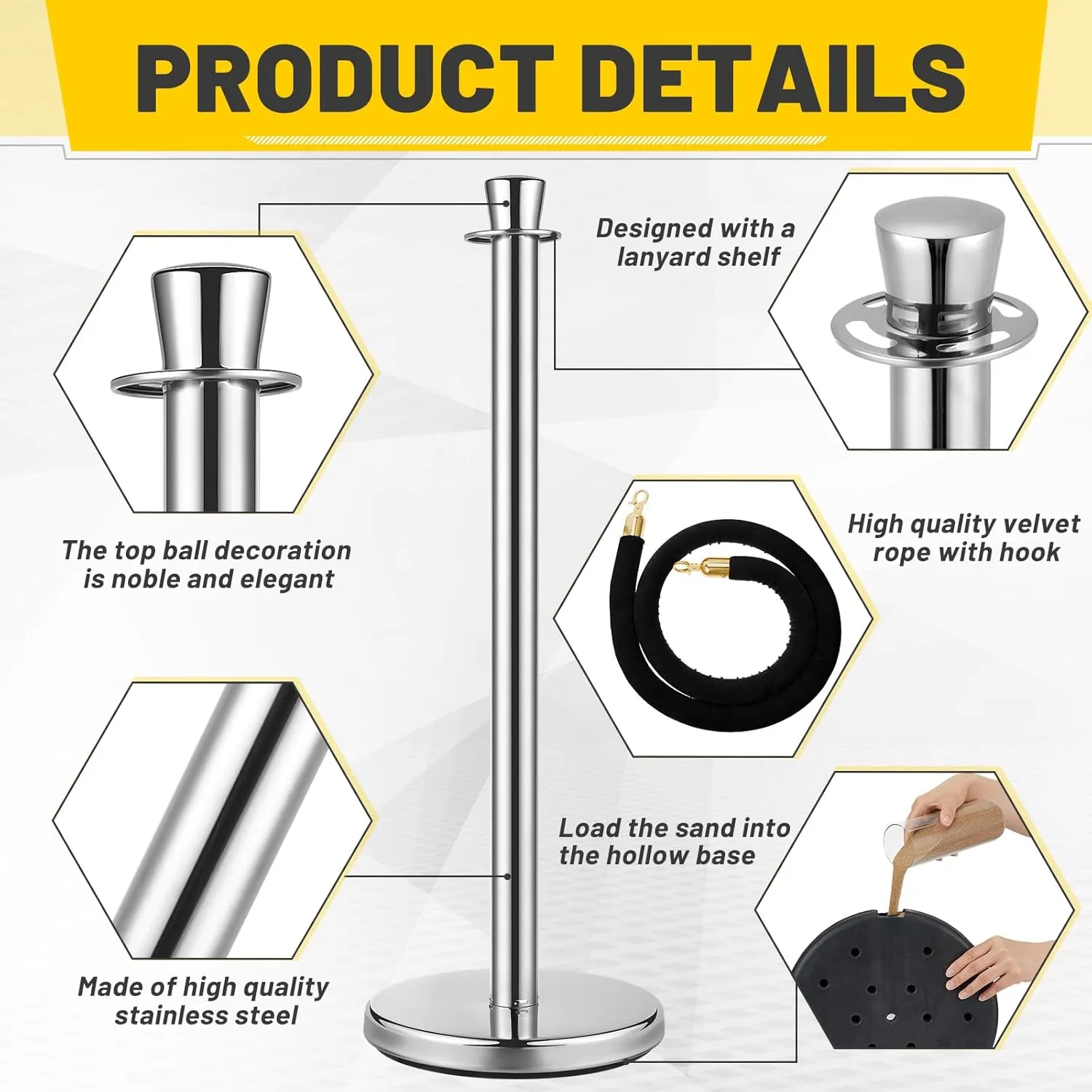 Wesiti 6 Pcs Stainless Steel Stanchion Post Queue with Crown Top 5 ft and 3 Pcs Velvet Rope and Poles Crowd Control Barriers Sand Injection Hollow Base and Velvet Ropes Set for Party (Silver, Black)