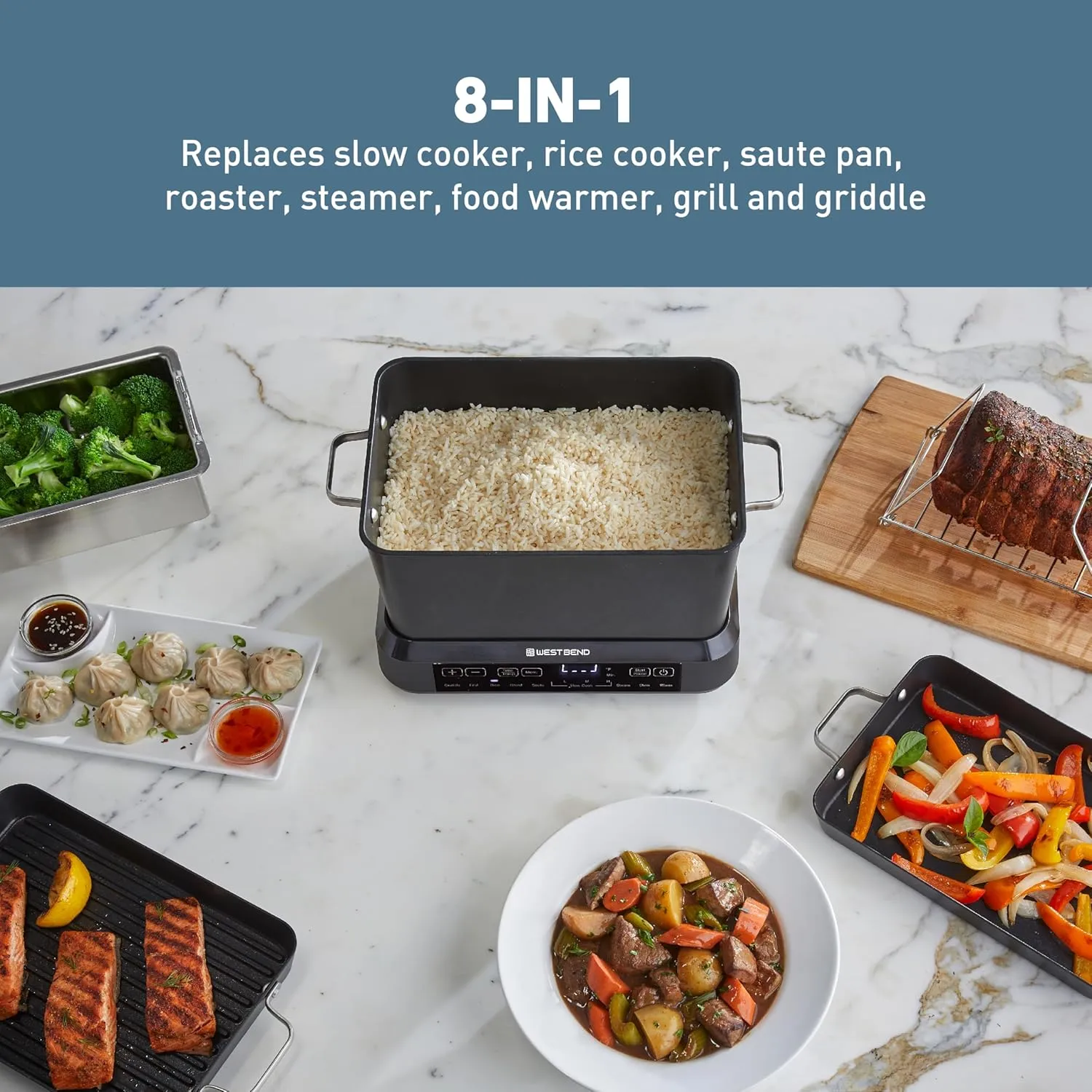 West Bend Versatility Plus Slow Cooker, Large-Capacity Non-Stick Multicooker with Variable Temperature Control, 20 Cooking Functions, 6-Quart, Black