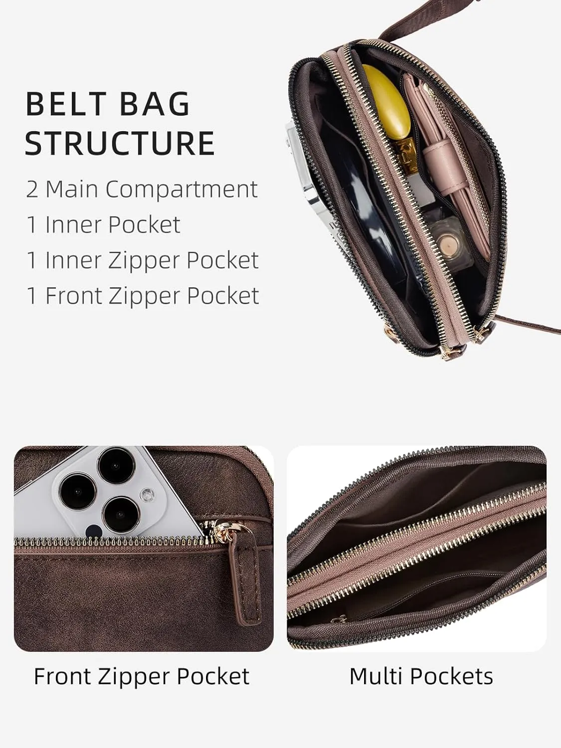 WESTBRONCO Fanny Packs for Women, Fashion Waist Packs with Adjustable Strap, PU Leather Belt Bag with Multi-Pockets, Small Crossbody Purse, Coffee