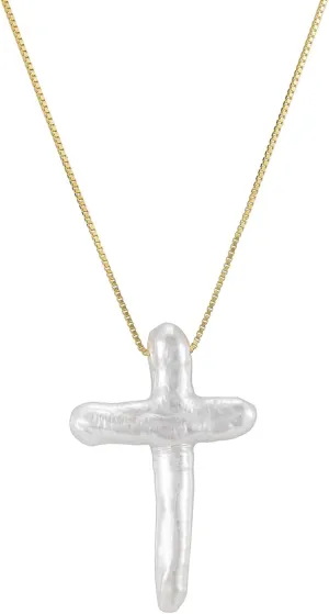 White Pearl Cross Necklace Gold Filled Sterling Silver Box Chain Necklace Freshwater Pearl Cross Pendant Necklace Minimalist Necklace Cross Jewelry