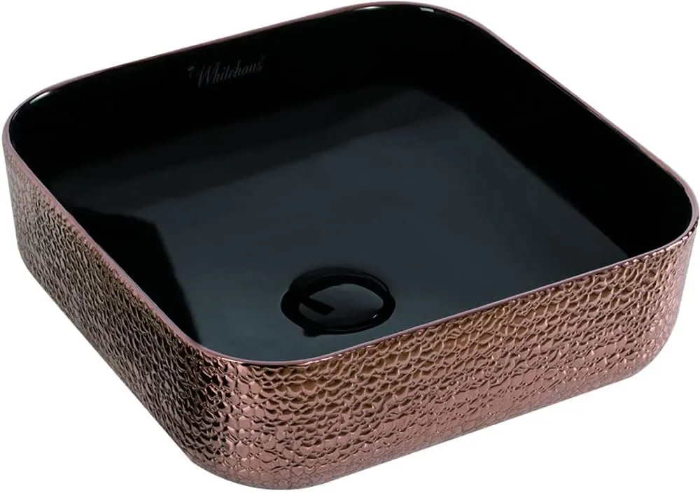 Whitehaus Collection WH71303-F24 Isabella Plus Collection Square Above Mount Basin with an Embossed Exterior, Smooth Interior, and Center Drain, Black/Rose Gold