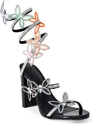 Wild Diva Rainbow Embellished Rhinestone Butterfly Spiral Coil Wrap Around Block Heels-581A-BKPA-8