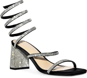 Wild Diva Rhinestone Spiral Ankle Strap Square Toe Low Block Heels