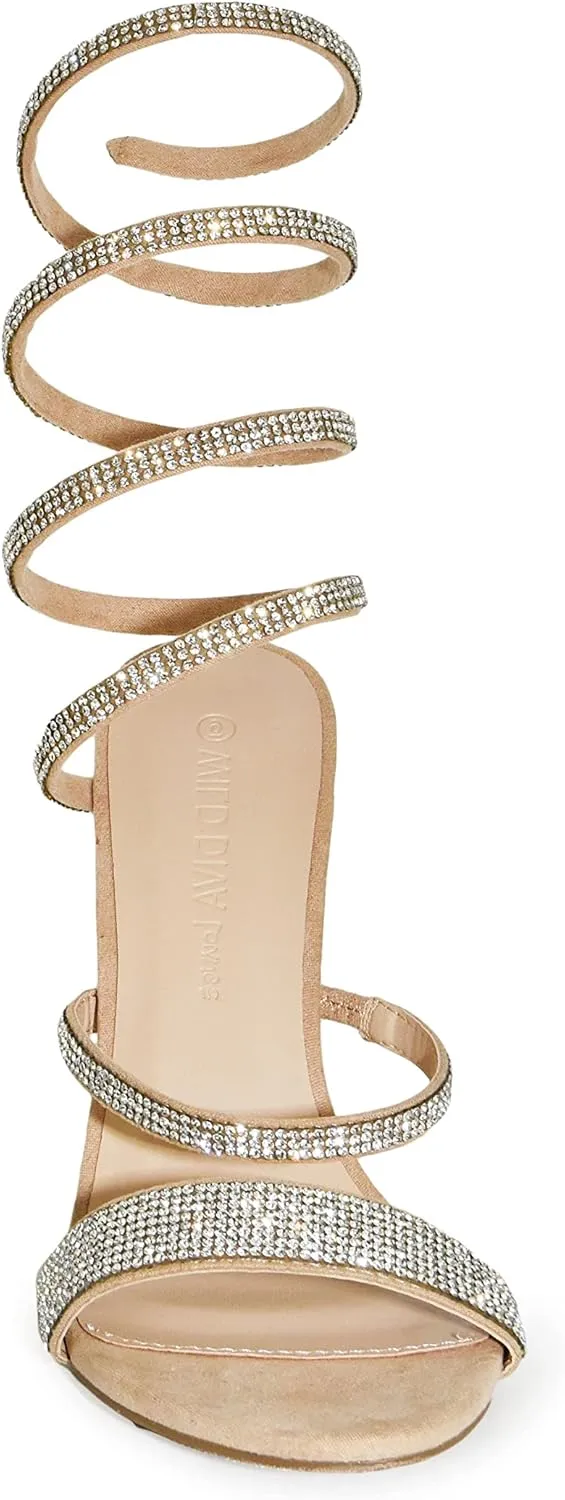 Wild Diva Women's Formal Rhinestone Coil Spiral Ankle Wrap Strap High Chunky Block Heels Morris-567