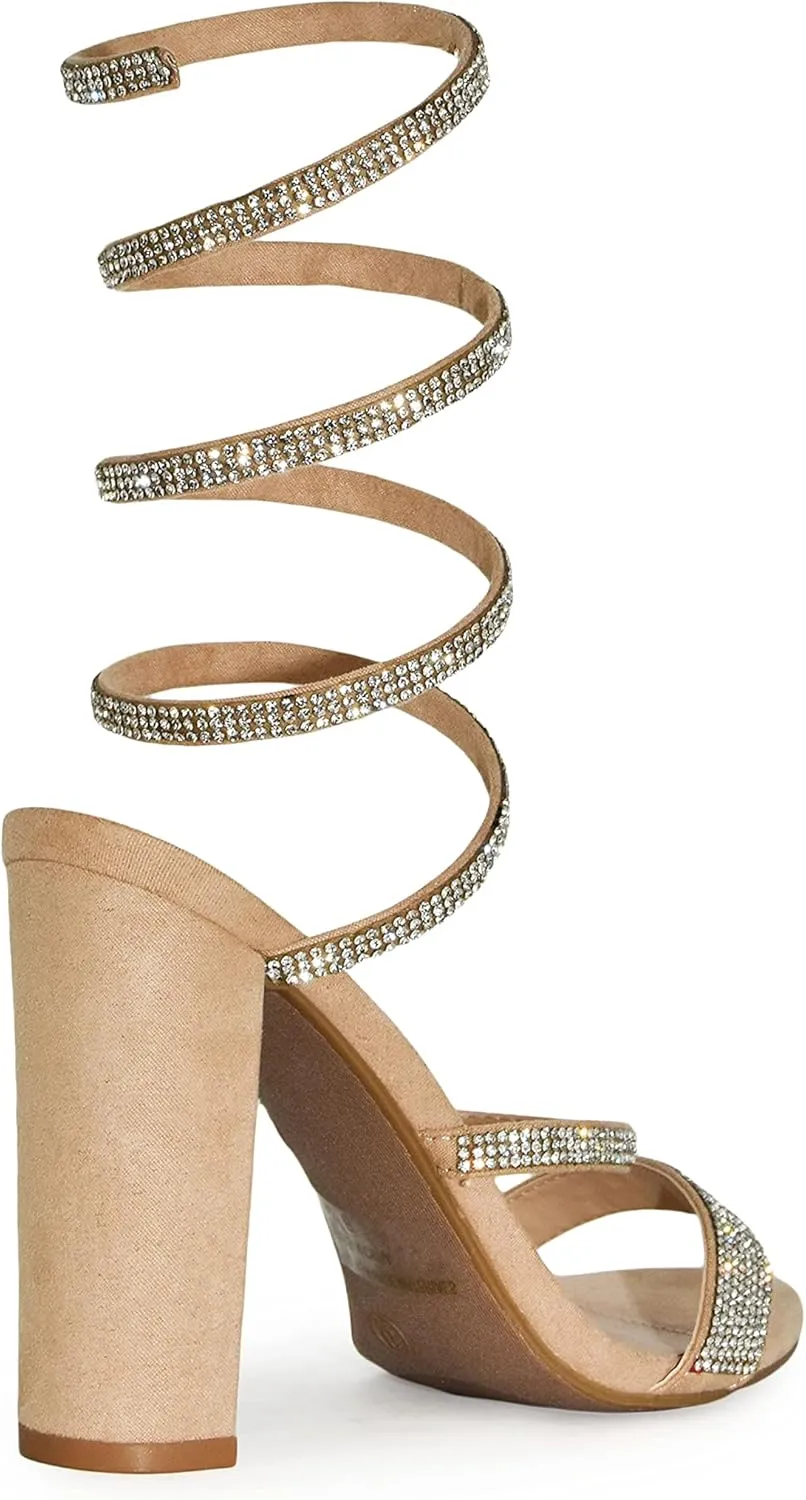Wild Diva Women's Formal Rhinestone Coil Spiral Ankle Wrap Strap High Chunky Block Heels Morris-567
