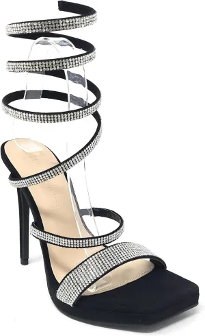 Wild Diva Women's Square Toe Spiral Ankle Strap Rhinestone Embellished Formal Stiletto High Heels Lunna-03