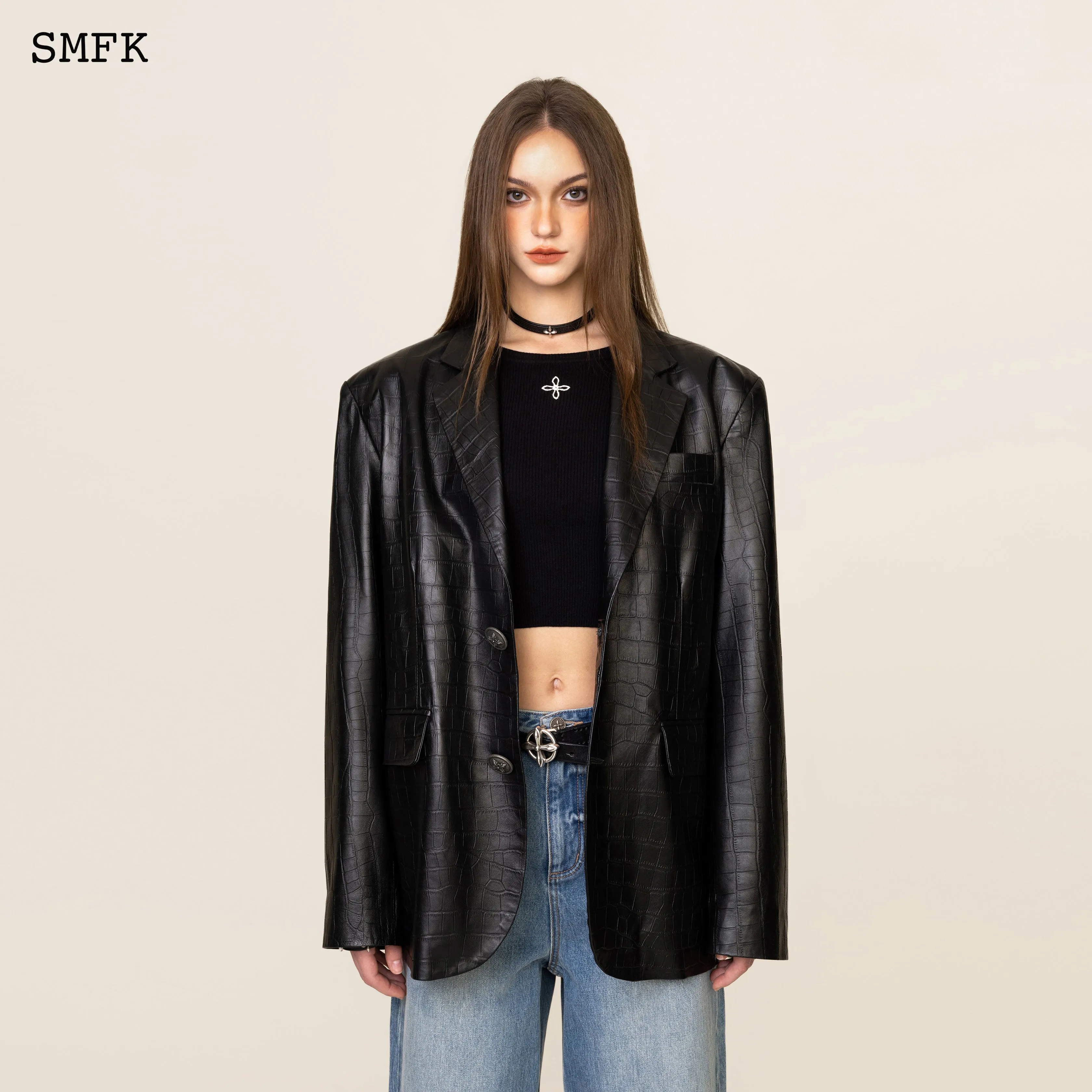 WildWorld Vintage Leather Black Crocodile Suit