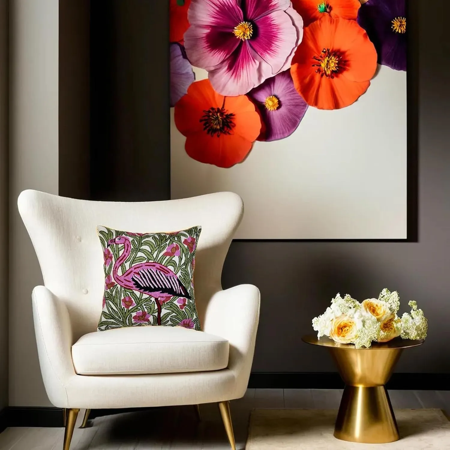 William Morris Flamingo Floral Pillow Cover - Hand Embroidered Modern Flower Pillowcase, Outdoor Cushion, Suzani Farmhouse Chair Throw, Couch Cushions - Wool, Size 18x18