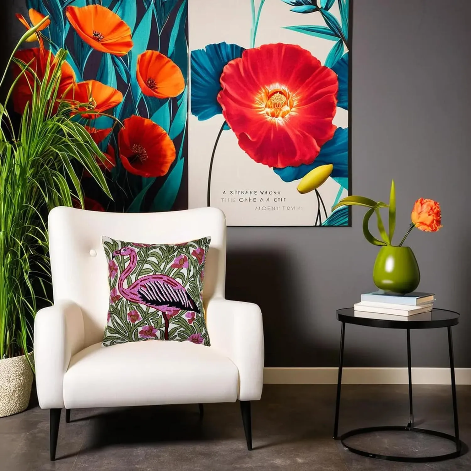 William Morris Flamingo Floral Pillow Cover - Hand Embroidered Modern Flower Pillowcase, Outdoor Cushion, Suzani Farmhouse Chair Throw, Couch Cushions - Wool, Size 18x18
