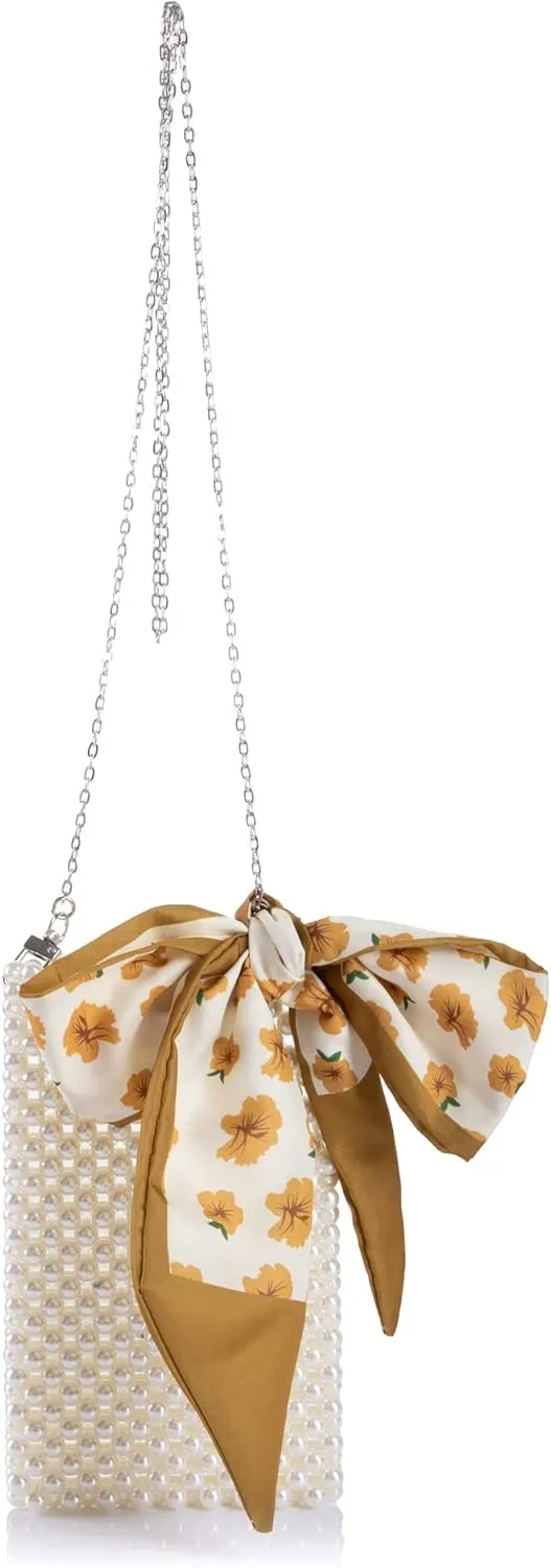 Women Beaded Crossbody Bag Cellphonebag Wallet on Chain with Tied Silk for Evening Party