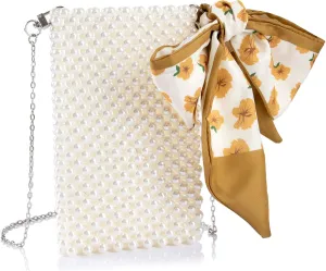 Women Beaded Crossbody Bag Cellphonebag Wallet on Chain with Tied Silk for Evening Party