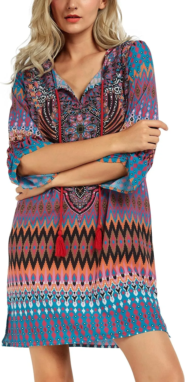 Women Bohemian Neck Tie Vintage Printed Ethnic Style Summer Shift Dress