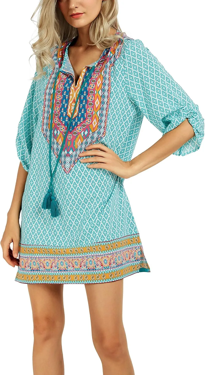 Women Bohemian Neck Tie Vintage Printed Ethnic Style Summer Shift Dress